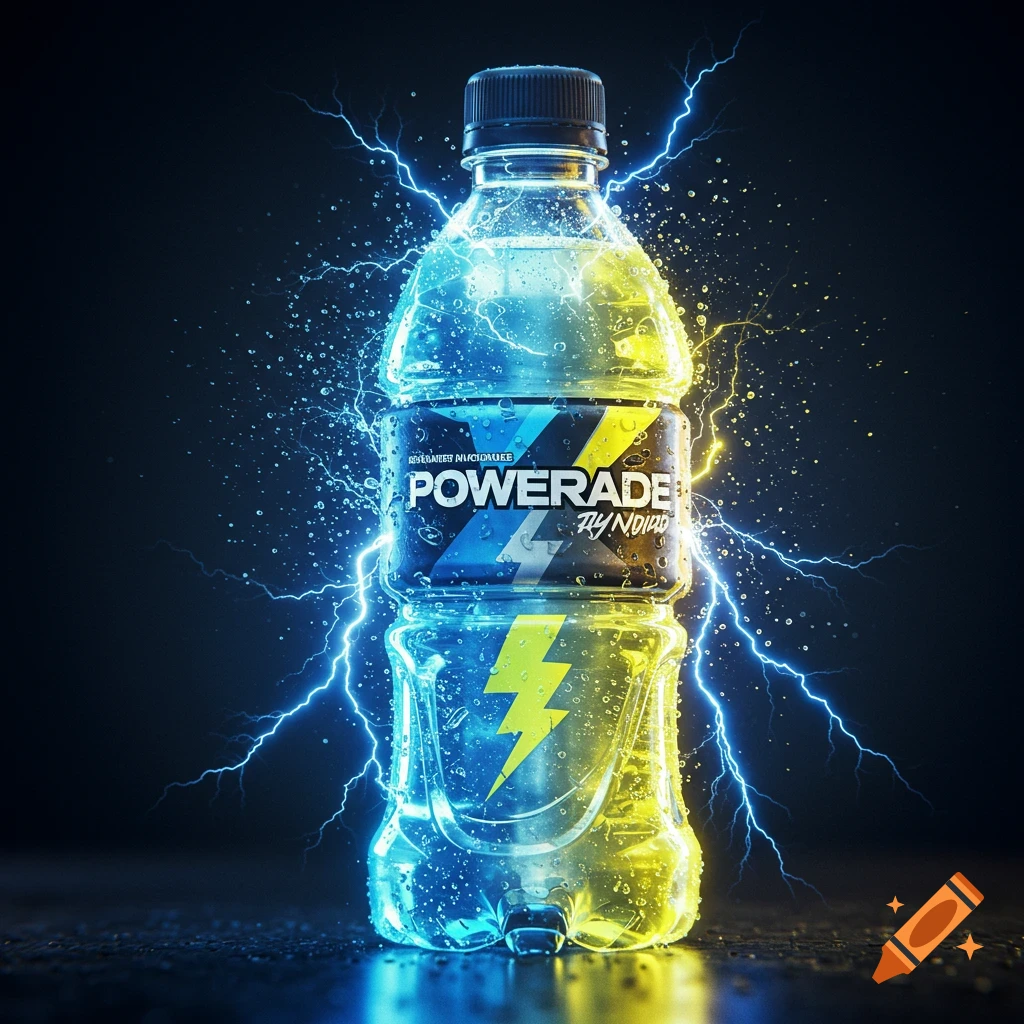 Hyper-realistic Powerade bottle, split blue and yellow, surrounded by electric lightning and water droplets on a dark background.