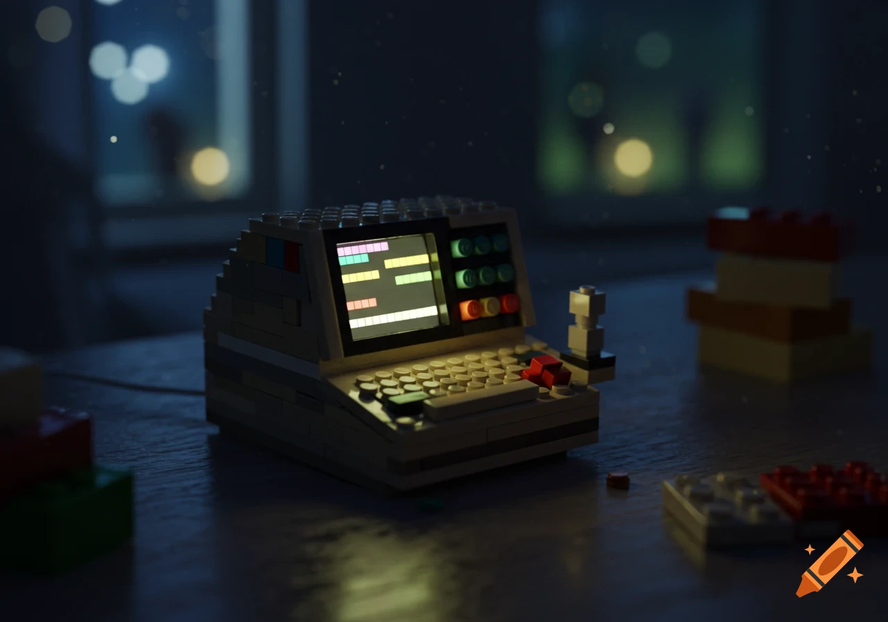 A Lego Minitel retro computer with a glowing screen, acting as a night light on a dark table, with blurred background lights.