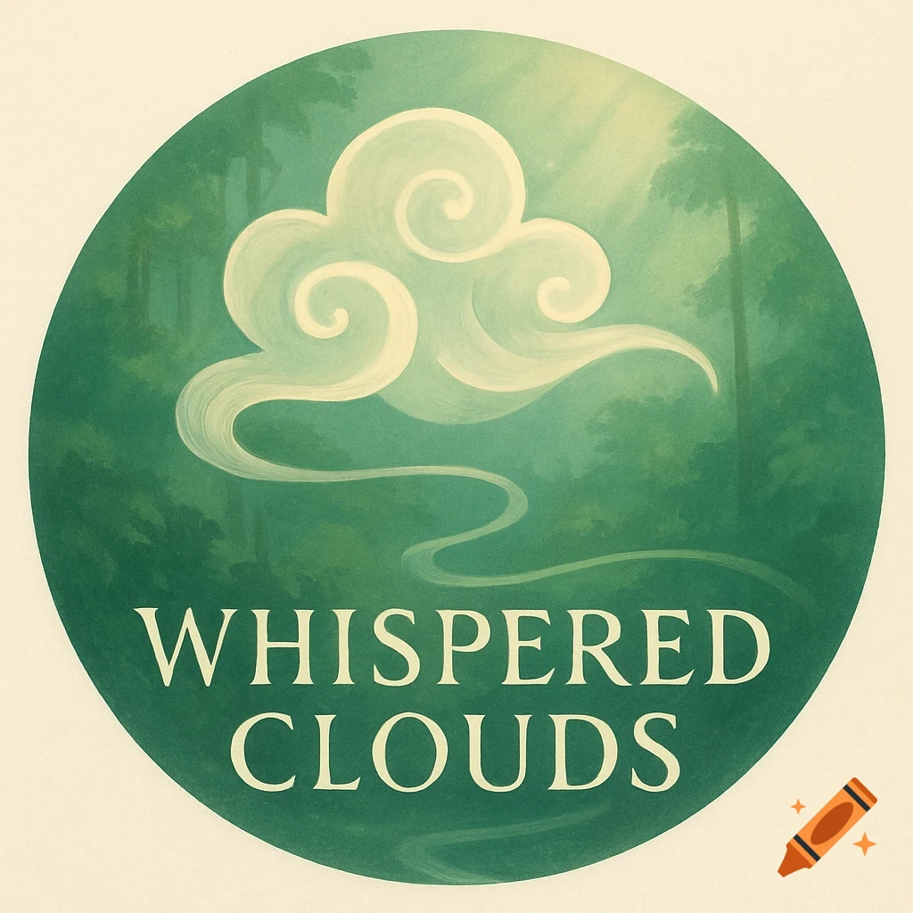 A circular logo featuring a stylized white cloud above the words "WHISPERED CLOUDS" against a serene green forest backdrop with a winding path.