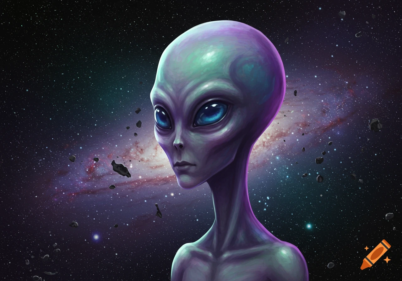 Detailed illustration of a grey alien with large blue eyes against a dark space background with purple nebula and asteroids.