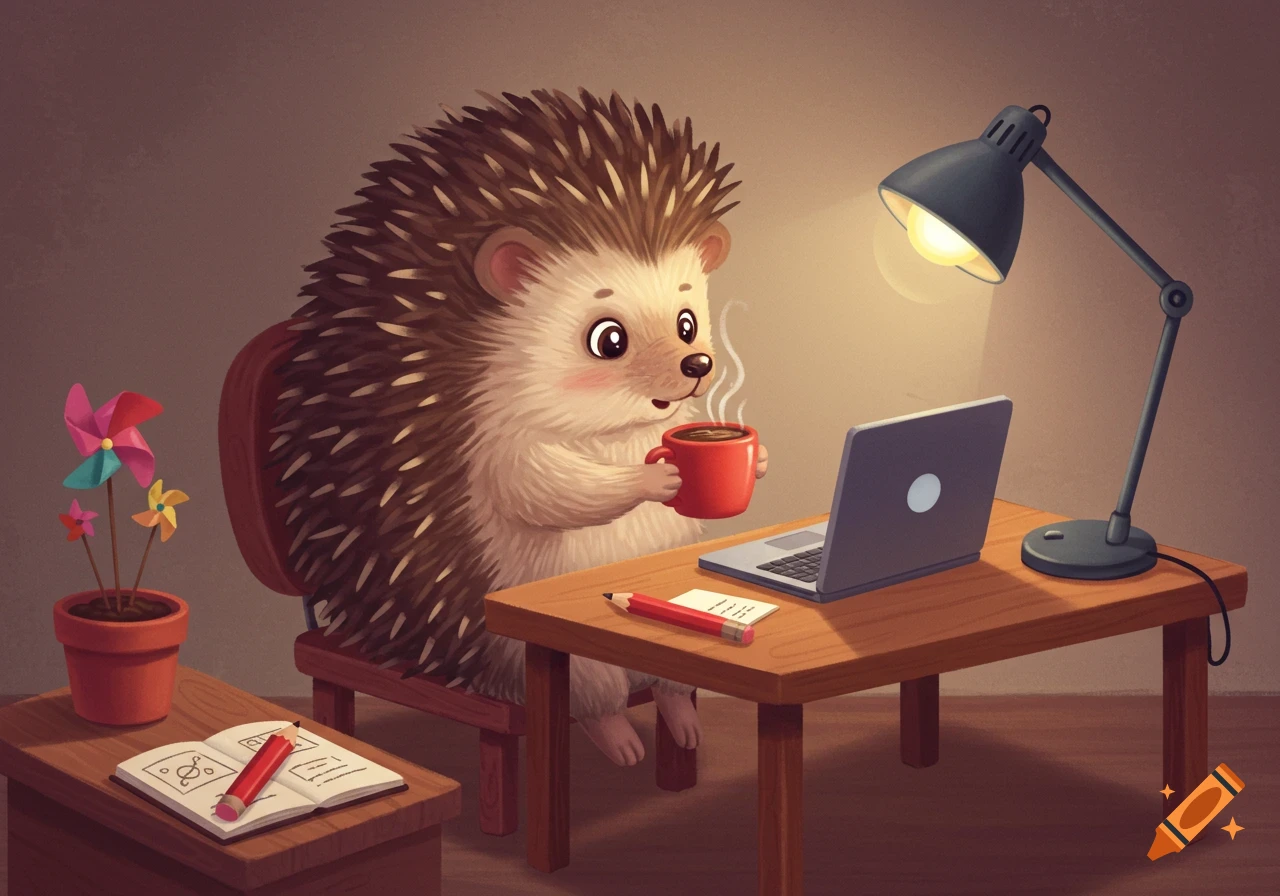 Cartoon hedgehog with quills sitting at a desk, drinking coffee, and looking at a laptop.