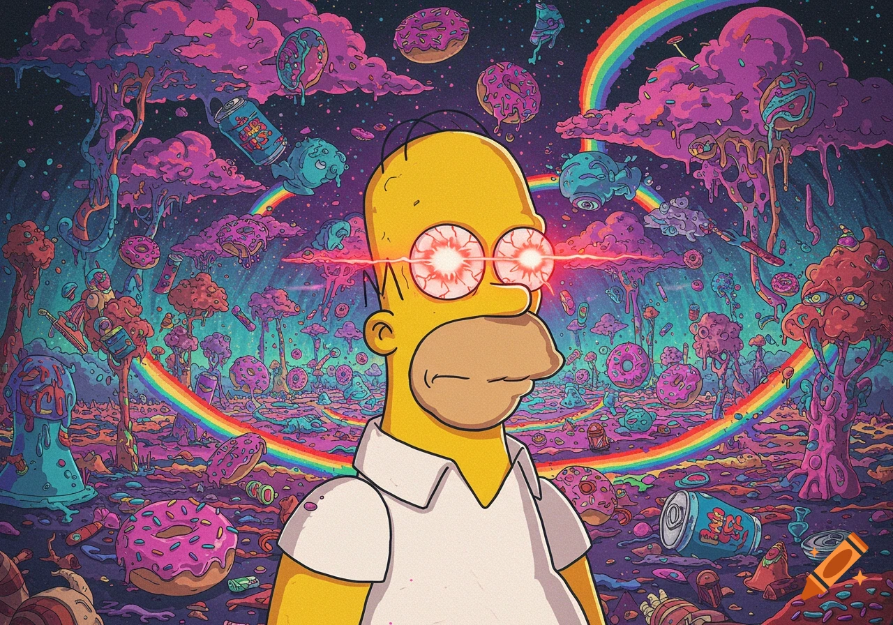 Homer Simpson with glowing red eyes amidst a vibrant, melting psychedelic landscape filled with donuts and rainbows.