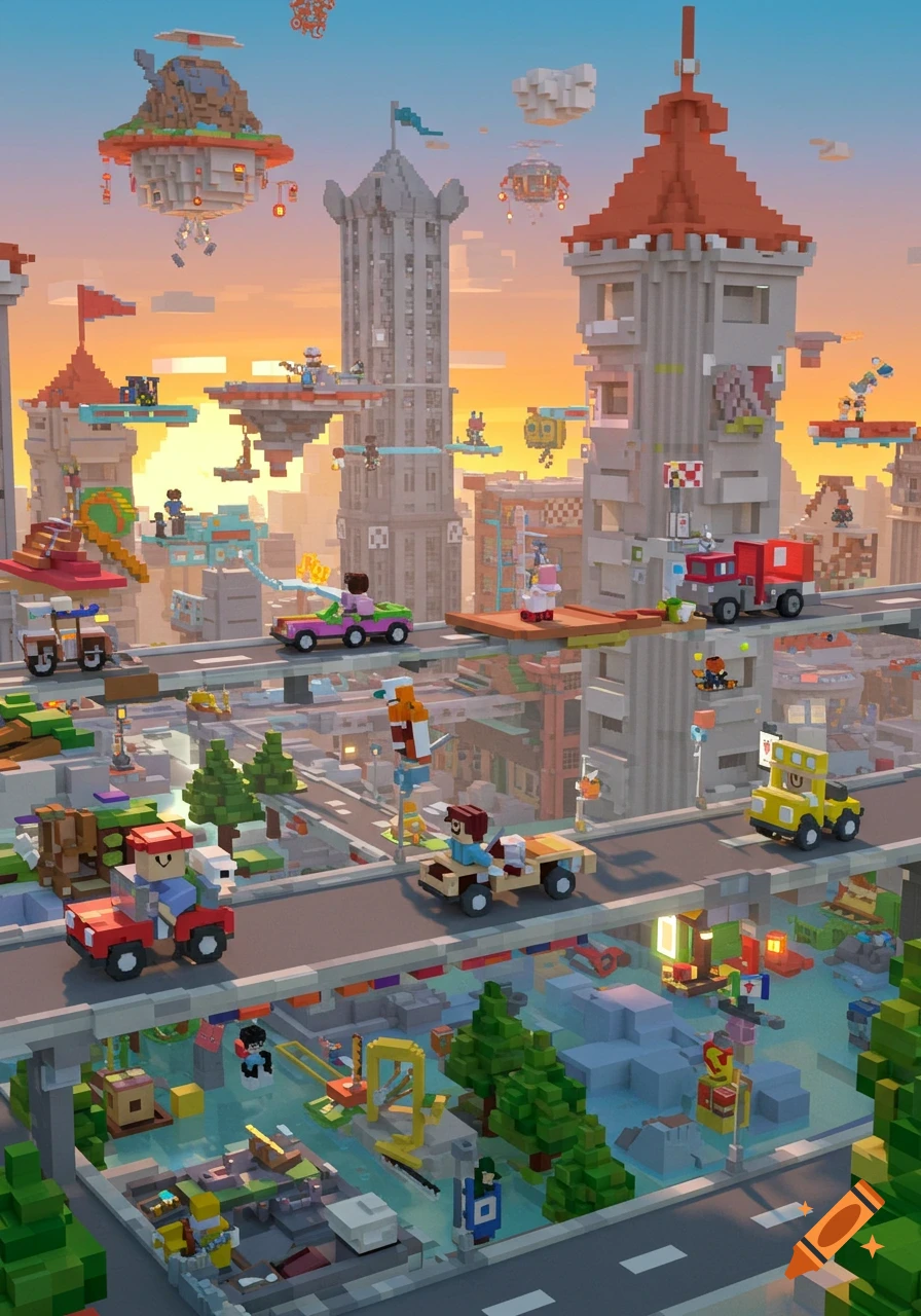 Vibrant voxel art city with blocky characters, cars, and towers on multi-level roads and floating platforms under a sunset sky.