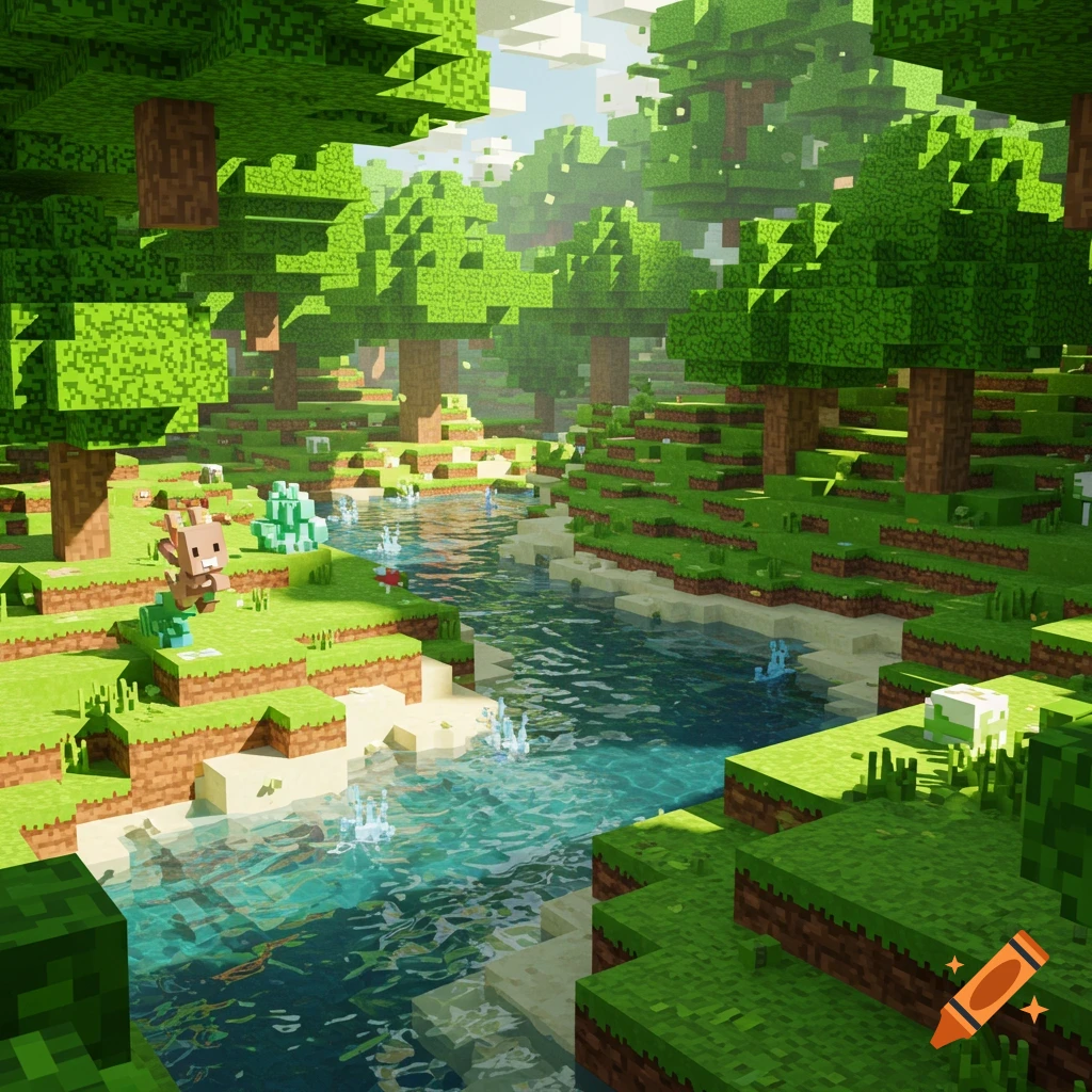 A vibrant, blocky Minecraft-style forest with a clear river flowing through it, green trees, a sandy bank, and a small deer-like creature.