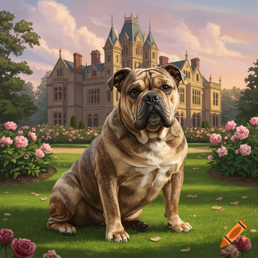 An illustrated bulldog sits in a rose garden in front of a large manor house at sunset.