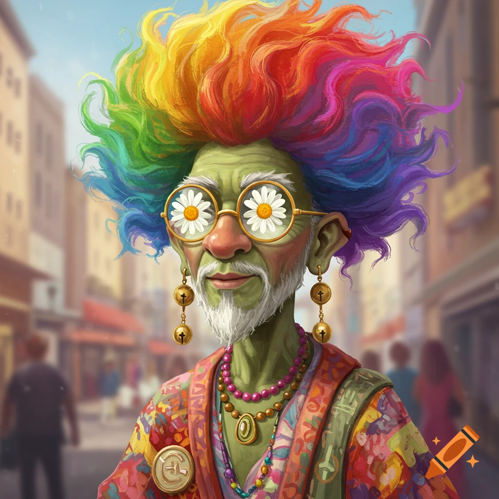 Stylized old man with green skin, rainbow hair, daisy glasses, colorful clothing, and necklaces, on a blurry street.