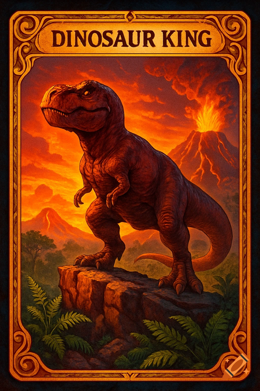 A T-Rex stands on a rock in a volcanic landscape at sunset, featured on a 'Dinosaur King' trading card with an ornate border.