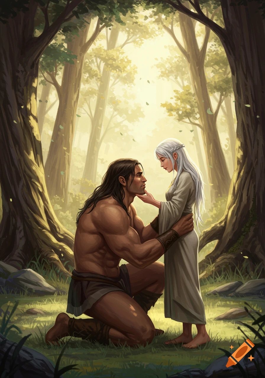 A muscled warrior kneels before a silver-haired lady in a sun-drenched fantasy forest illustration.