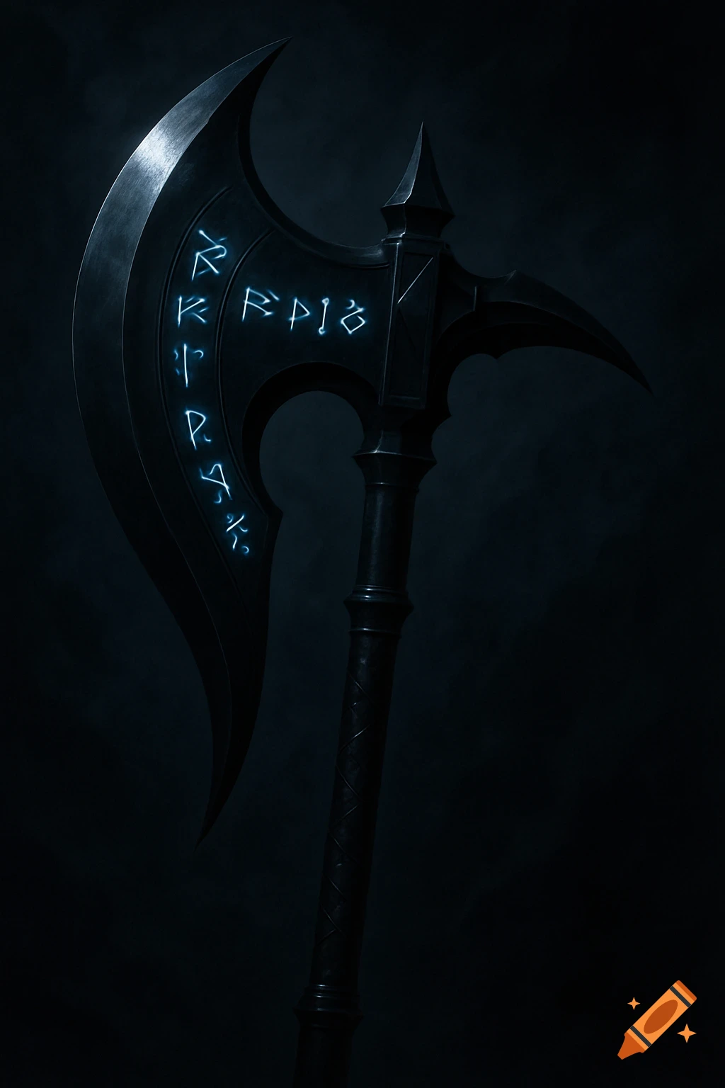 A stylized, dark glaive axe with glowing blue runes engraved on its blade, set against a dark, smoky background.