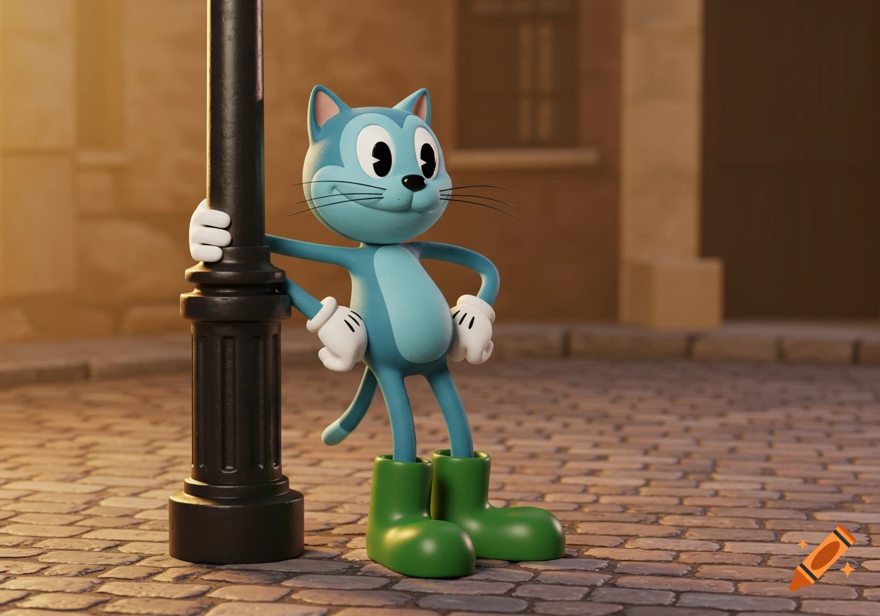 A cyan 1930s cartoon cat with white gloves and green boots leans on a lamppost on a cobblestone street.