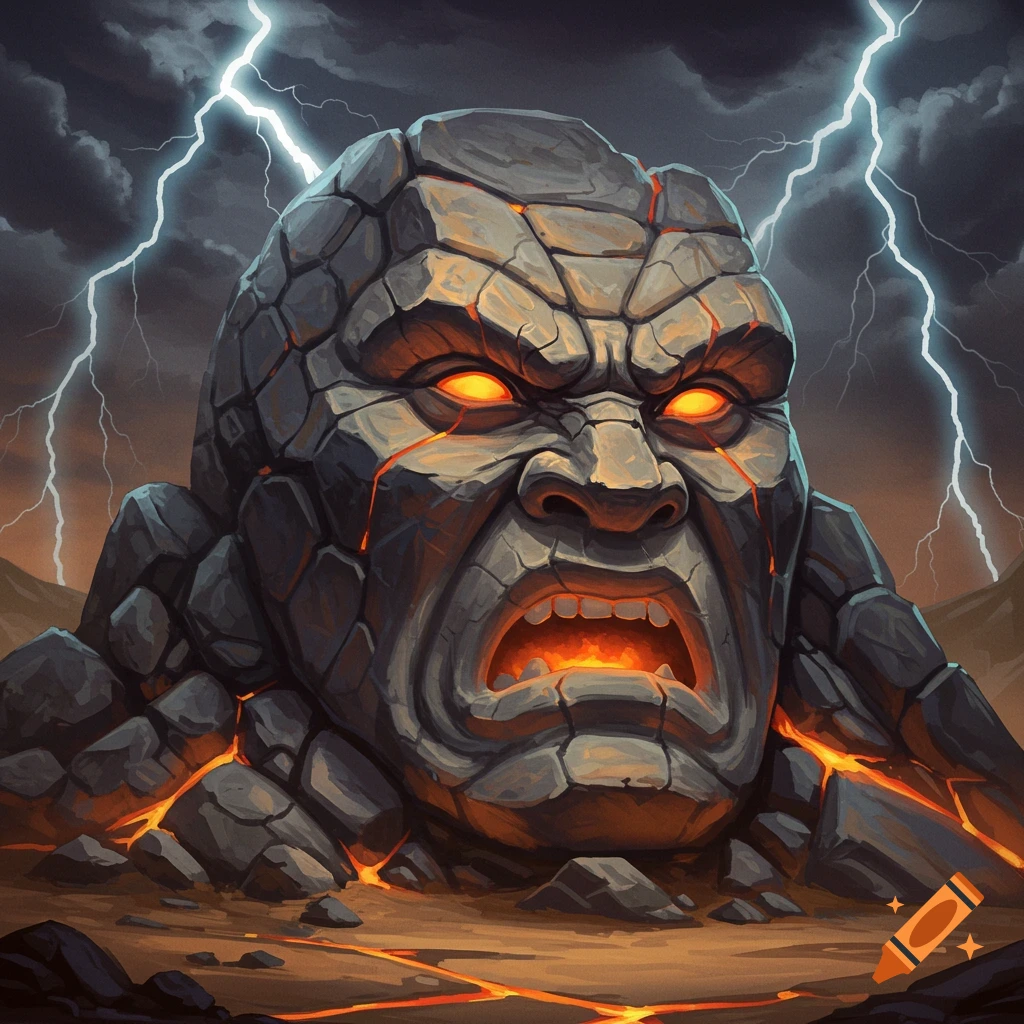 A massive, angry rock face with glowing orange eyes and mouth, emanating lava, under a stormy sky with lightning.