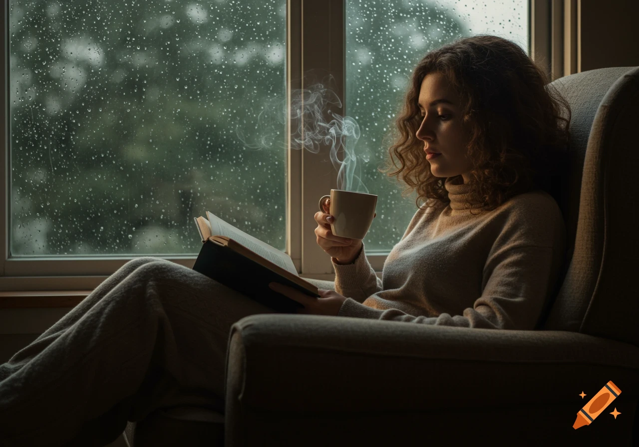 Woman with curly hair reads a book and sips coffee by a window on a rainy day, cozy indoors.