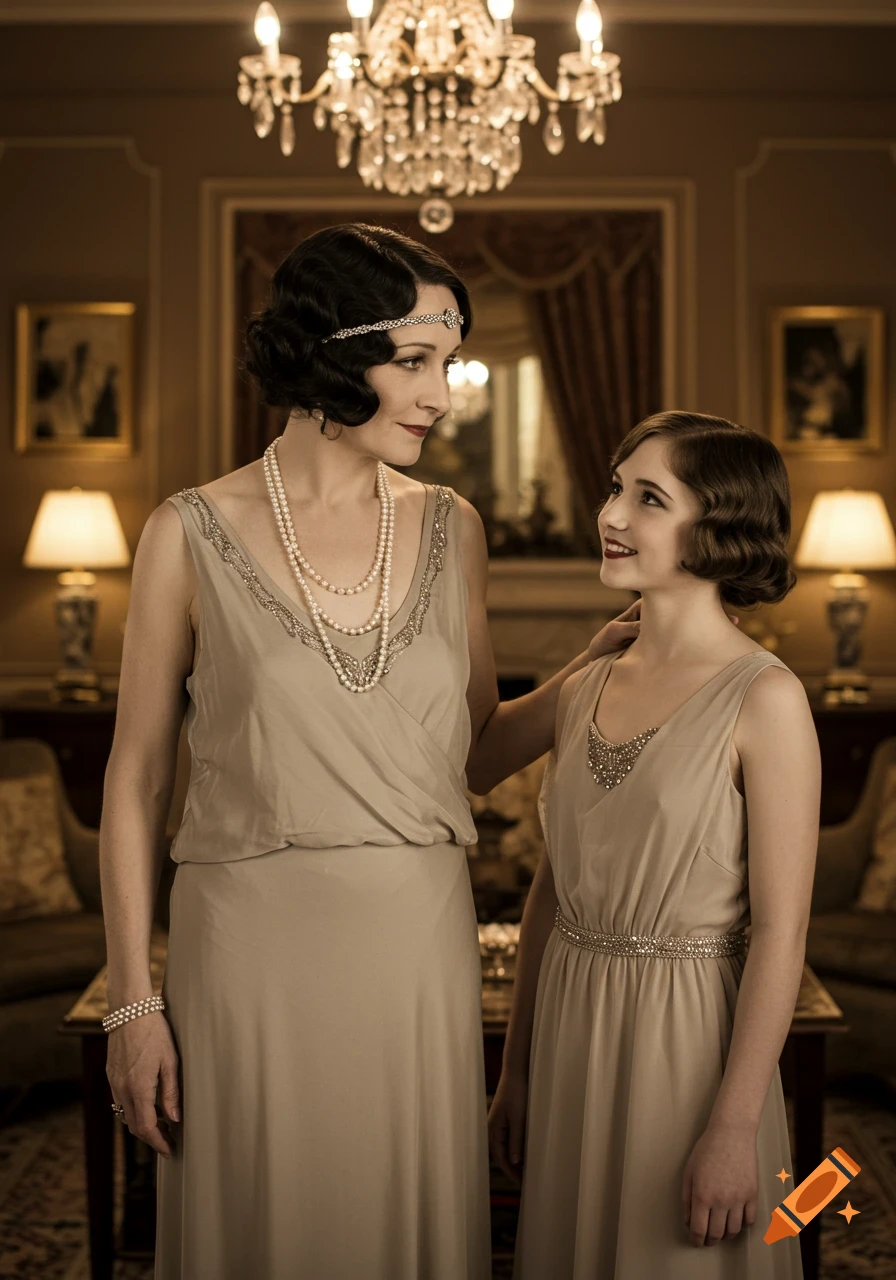 A woman and a young girl in 1920s fashion stand smiling in a luxurious room.