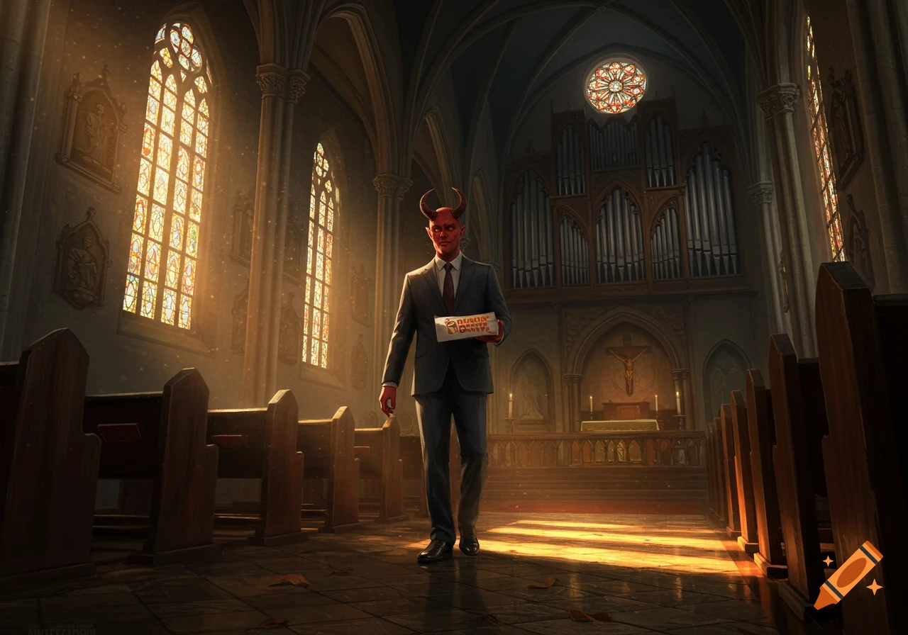 Red-skinned devil in a suit holds a Dunkin Donuts box, walking down the aisle of a grand church bathed in golden light from stained-glass windows.