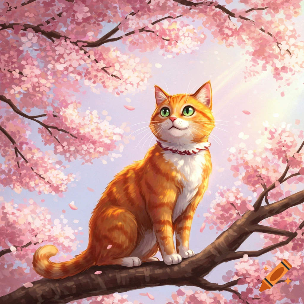 An orange and white cat with green eyes sits on a tree branch, looking up, surrounded by pink cherry blossoms in a bright, illustrative style.