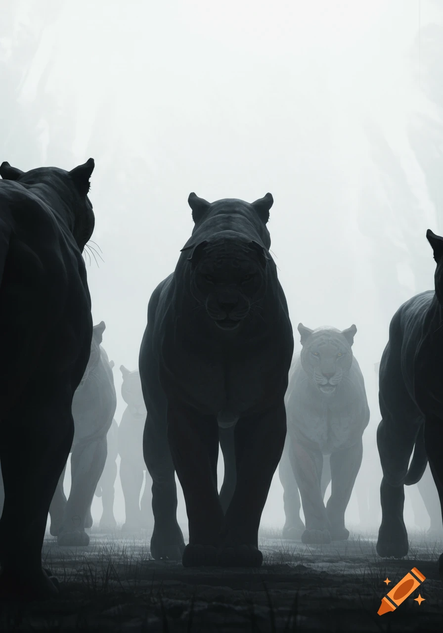 Silhouetted wildcats, mostly dark with one lighter, emerge from thick mist in a dark, atmospheric forest setting.