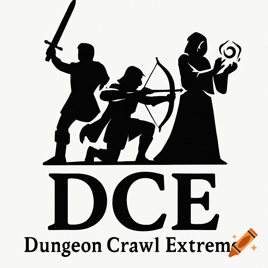 Black and white logo of three fantasy adventurers, a warrior, archer, and magic user, above the text 'DCE Dungeon Crawl Extreme'.