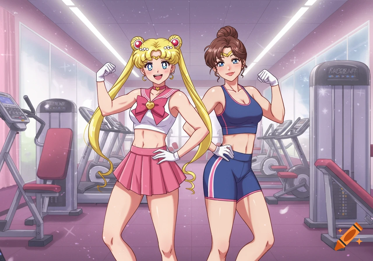 Anime-style Sailor Moon and another woman in sports attire flex their muscles at a gym.
