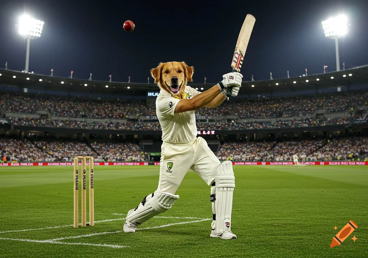 A golden retriever dog in cricket whites swings a bat at a red ball in a packed stadium.