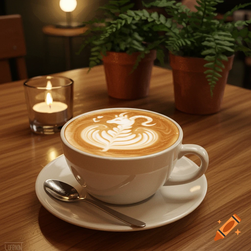 A close-up of a cappuccino with intricate goat latte art, next to a lit candle and potted ferns on a wooden table.