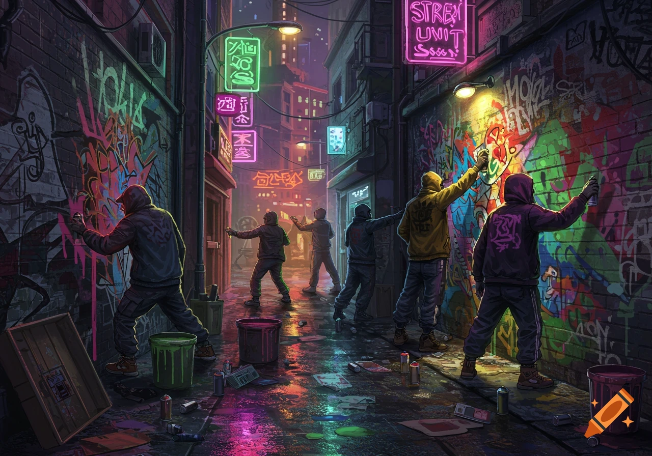 Figures in hoodies spray-painting vibrant graffiti in a neon-lit urban alleyway at night, cyberpunk style.