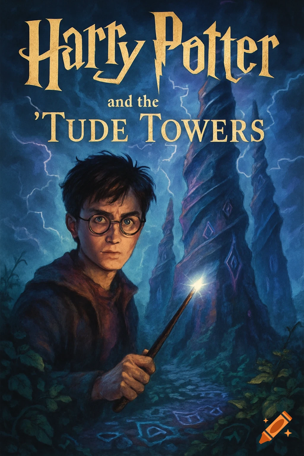 A book cover showing Harry Potter with a glowing wand, standing before twisted, dark towers under a stormy, lightning-filled sky.