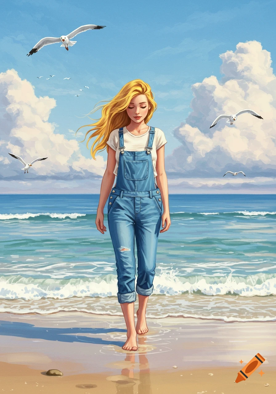 Illustrated blond woman in denim overalls walking barefoot on a sandy beach shore with seagulls and clouds.