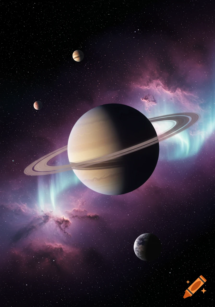 Saturn with prominent rings and several moons against a vibrant purple and blue nebula in deep space with stars.