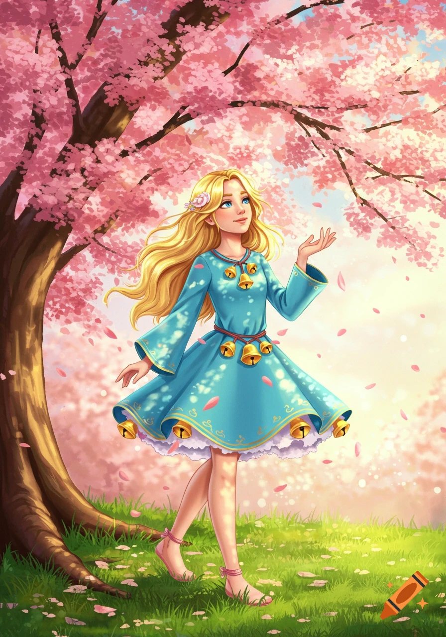 A blonde girl in a blue bell-decorated dress stands barefoot under a blooming pink cherry blossom tree, stylized digital art.