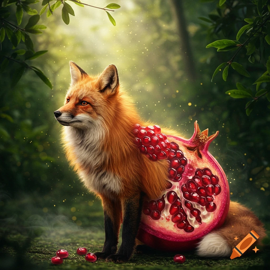 A photorealistic red fox with its midsection replaced by a sliced pomegranate, standing in a lush, sunlit forest.