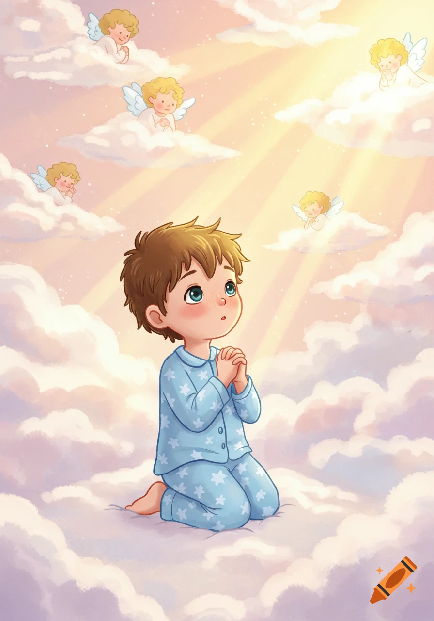A cartoon boy in blue pajamas kneels on a cloud, hands clasped in prayer, looking up at several cherubic angels among sunlit clouds.