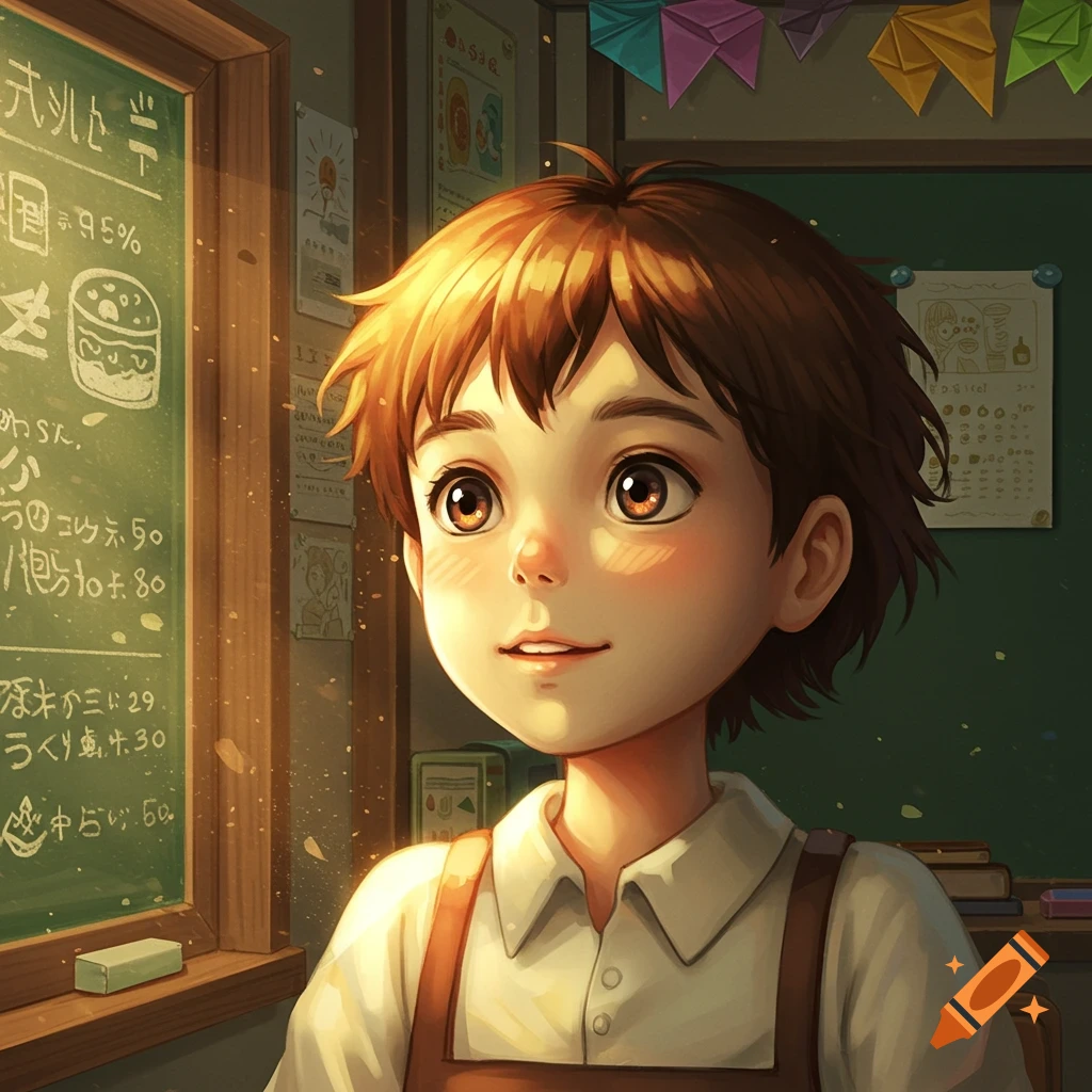 Ghibli-style illustration of a smiling child student in a classroom, illuminated by warm sunlight near a blackboard.