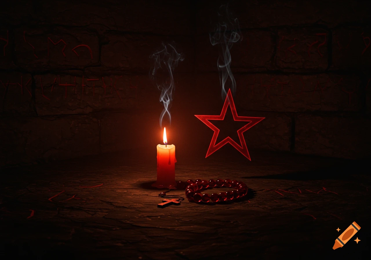 A lit candle and a red rosary sit on a stone floor in a dark, mysterious room with glowing red runes on the wall and a floating red five-pointed star emitting smoke.
