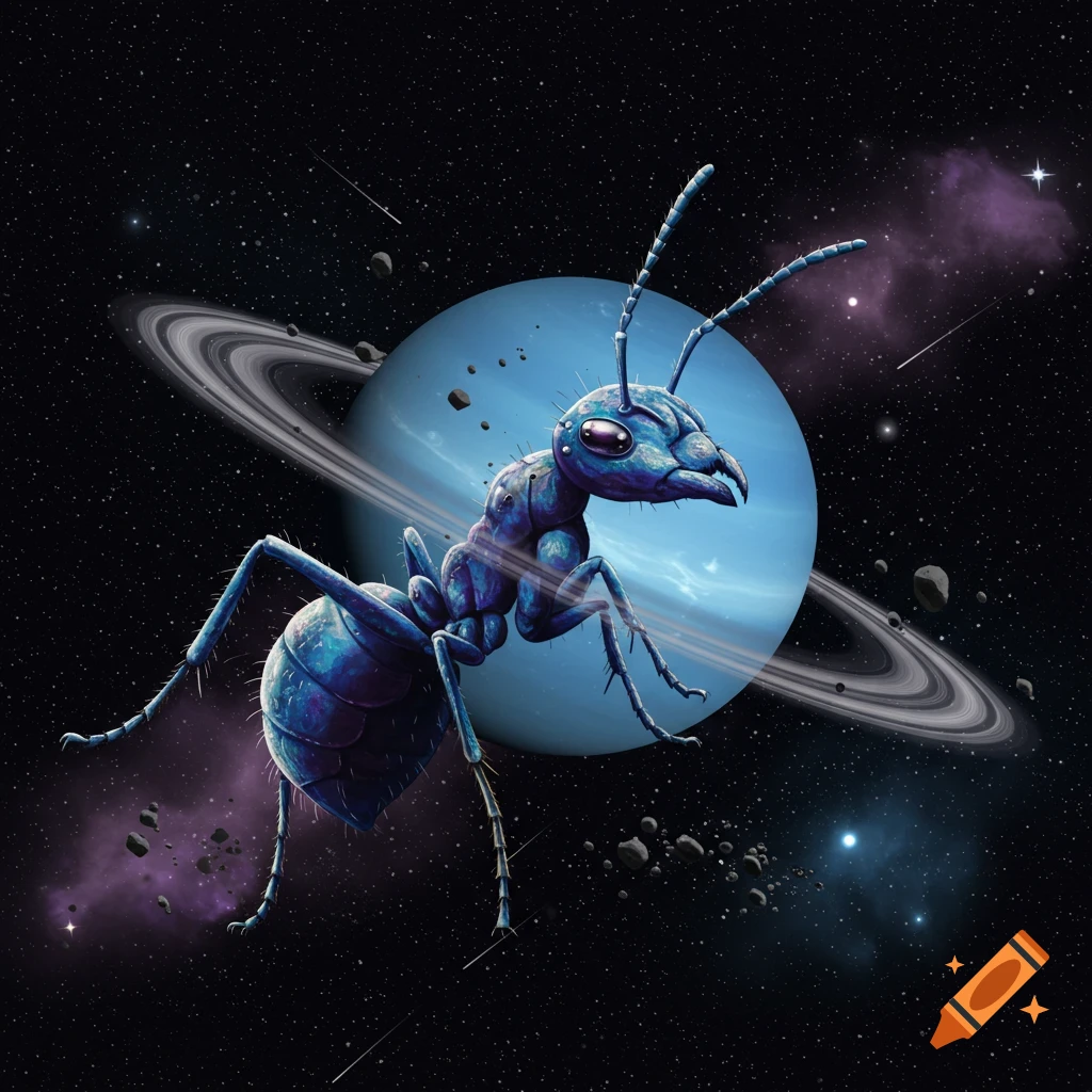 A large, surreal blue ant with glowing details floats in space near Uranus, surrounded by stars and nebulae.