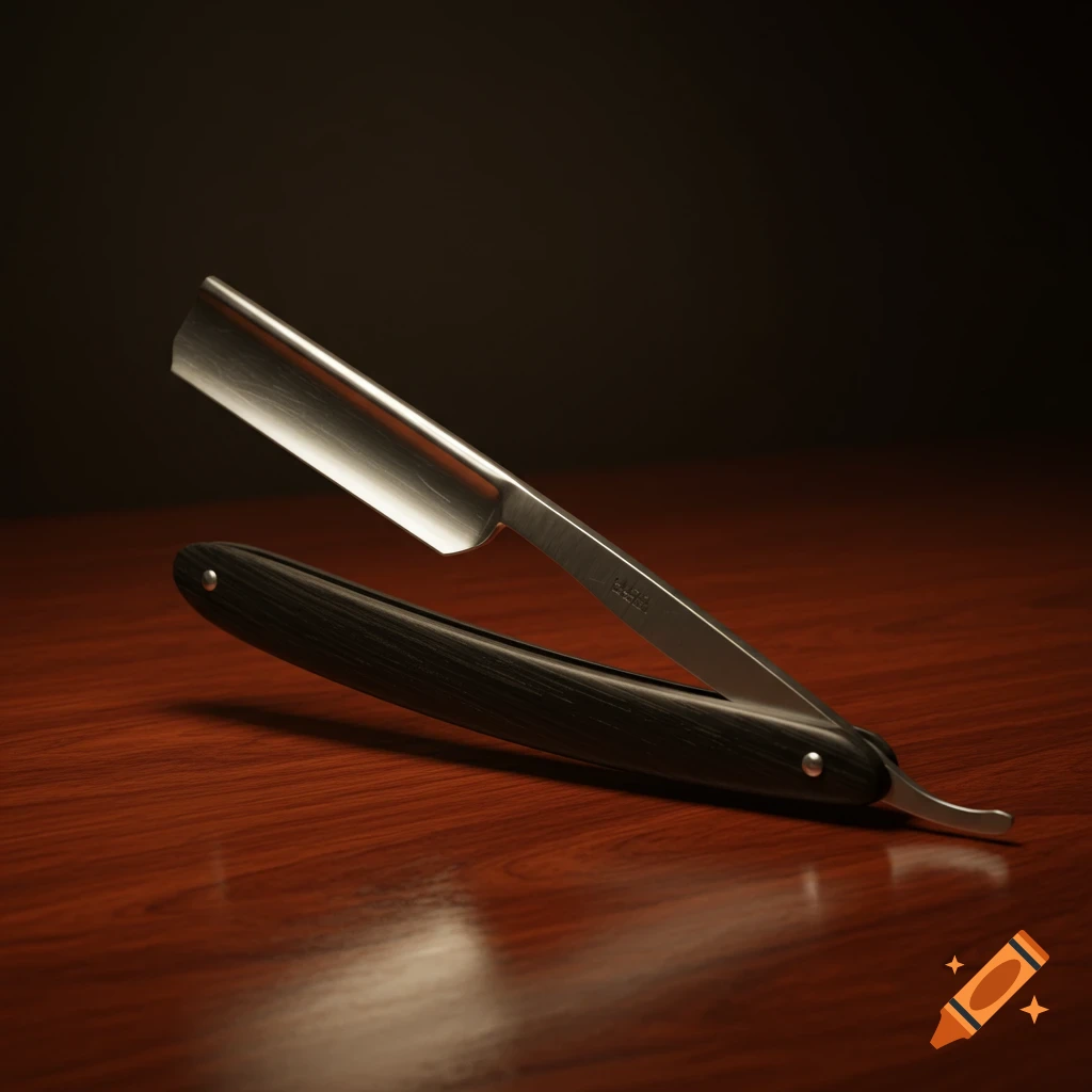 A sharp, silver straight razor with a dark wooden handle rests on a polished wooden surface under warm light, photorealistic style.