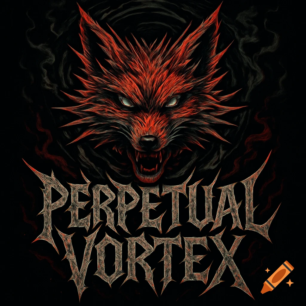 A stylized thrash/death metal logo featuring a fierce red fox head with glowing eyes above the text 'PERPETUAL VORTEX'.