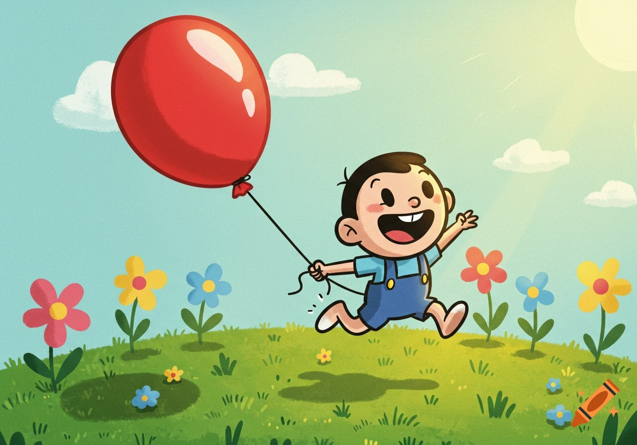 Happy cartoon boy with a red balloon runs through a sunny green field with colorful flowers.