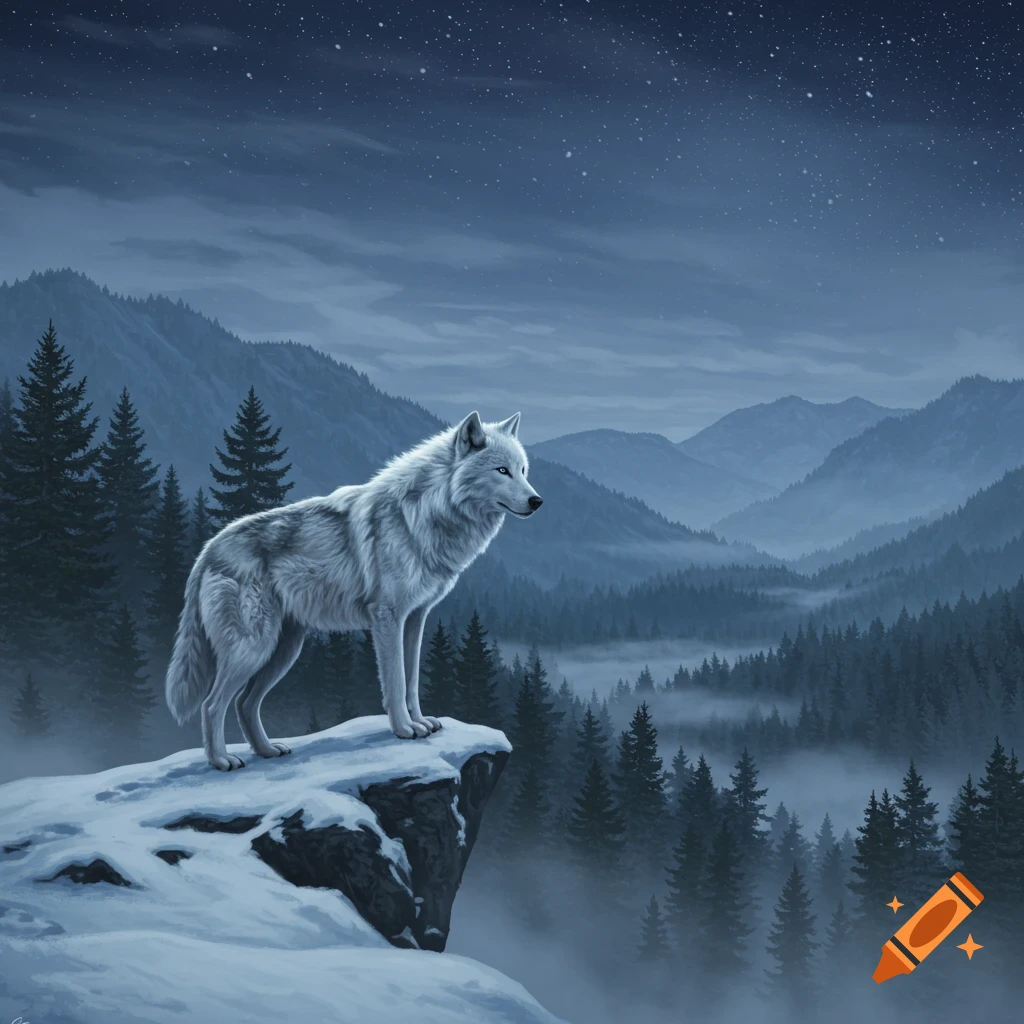 A white wolf stands on a snowy cliff overlooking a misty, forested mountain valley under a starry night sky.