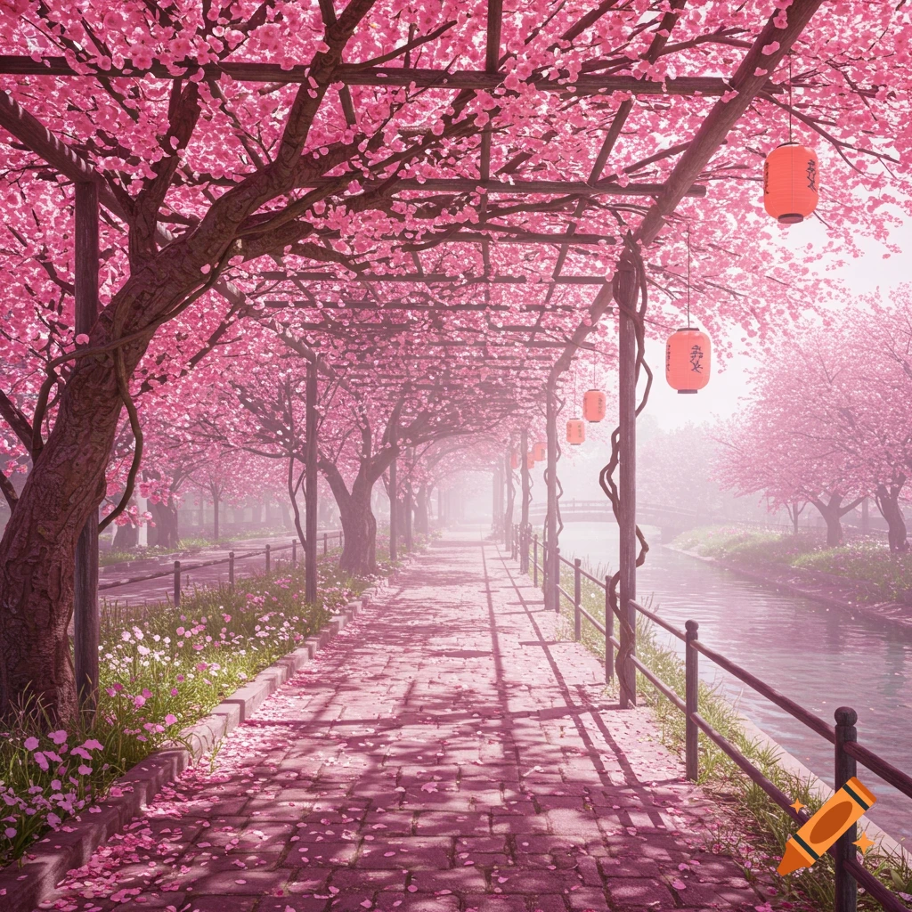 A path under a canopy of pink cherry blossom trees, with red lanterns hanging, next to a flowing river, in a hazy, dreamlike style.