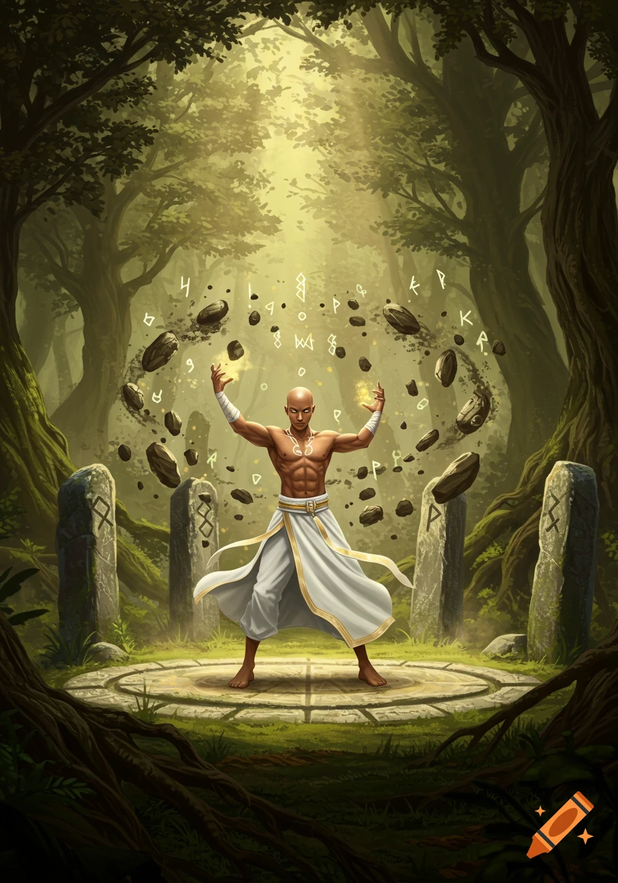 A bald, muscular mage in white robes stands in a sunlit forest clearing, summoning earth and glowing magical runes.