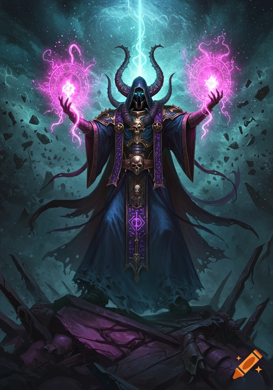 A dark fantasy wizard in blue and purple robes with horns and a masked face casts pink and blue magic, surrounded by debris.