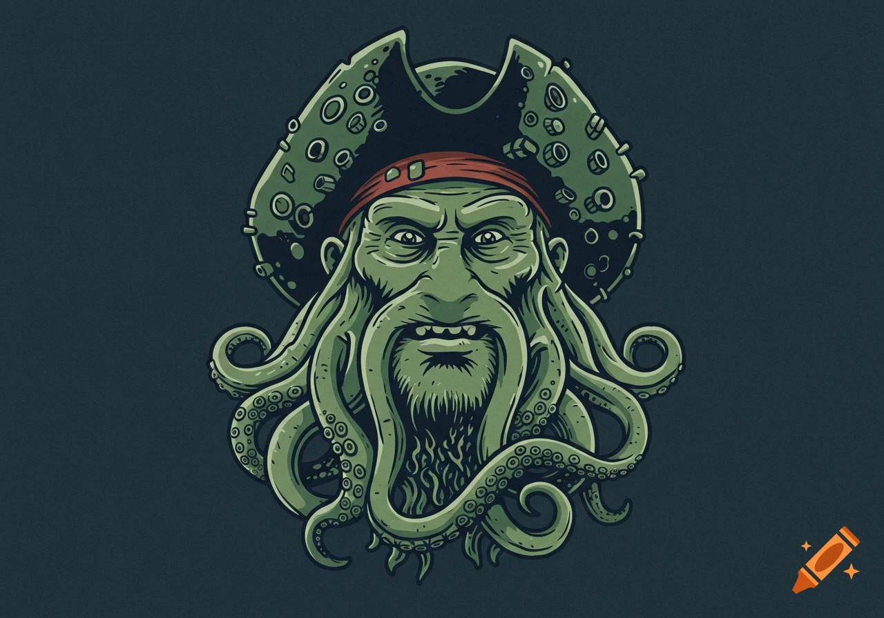 Illustration of Davy Jones's head, green-skinned with tentacles, wearing a pirate hat and red bandana, against a dark background.