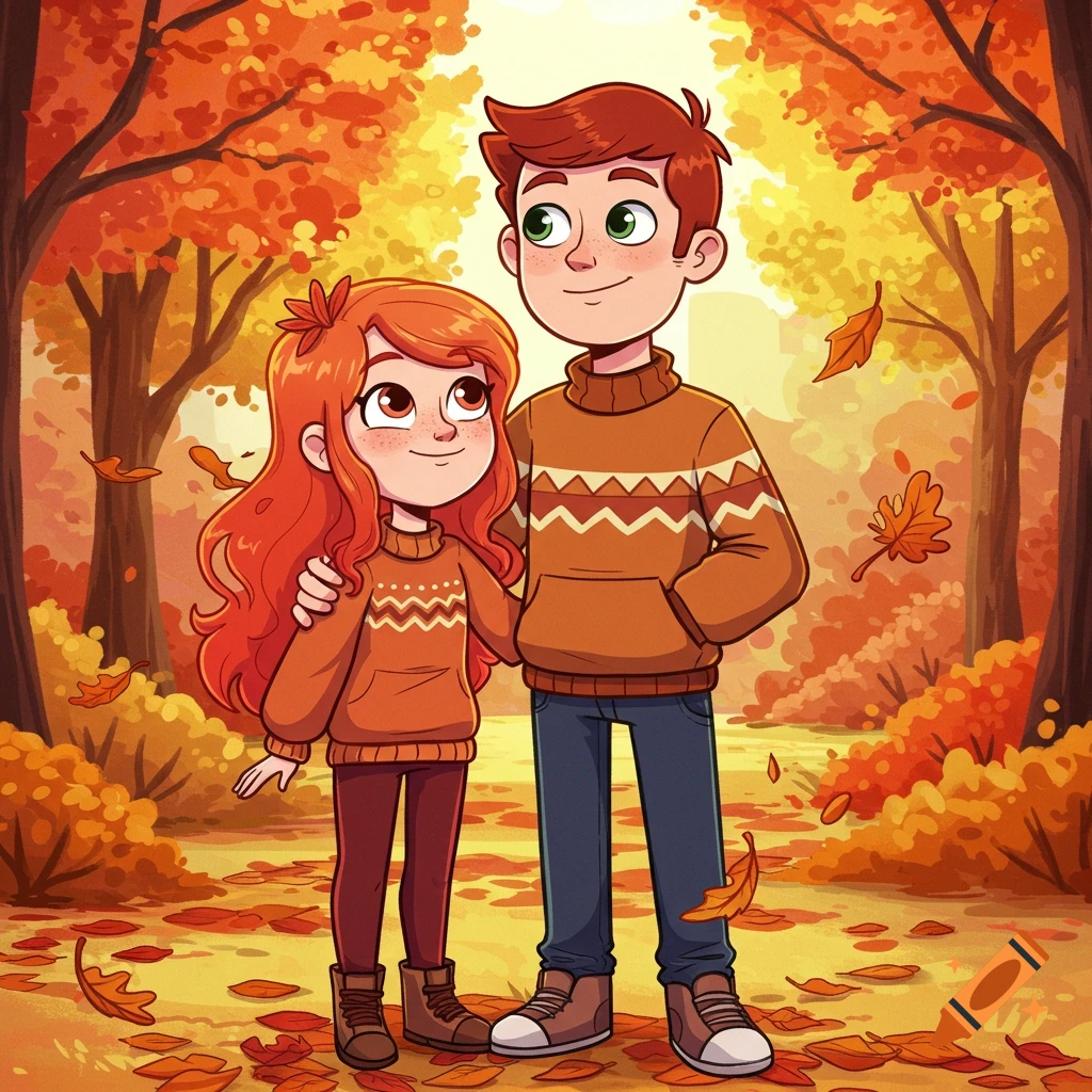 A cartoon red-haired girl and her older brother in matching sweaters stand in an autumn forest with falling leaves.