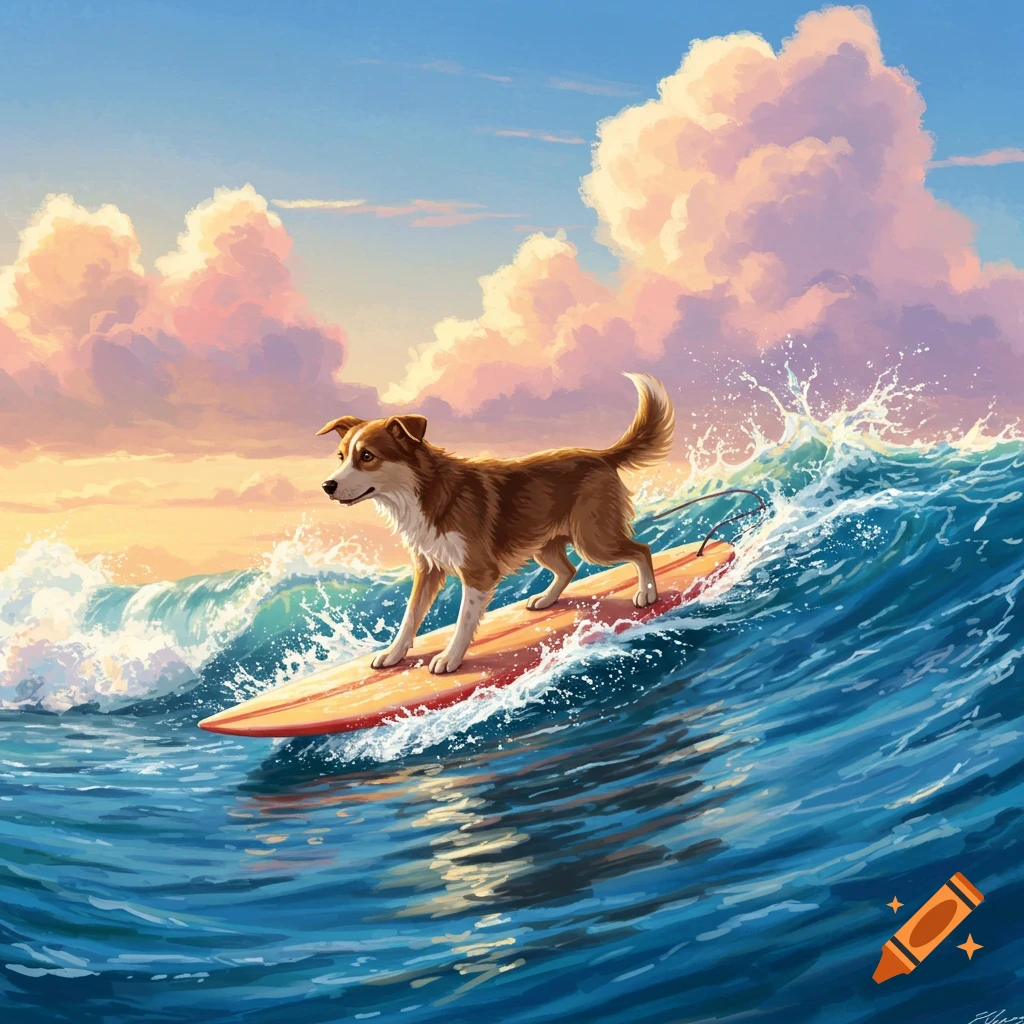 A brown and white dog surfs on an orange board across a blue wave, with a sunset sky and pink clouds in a painterly style.