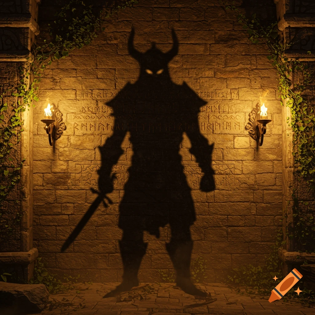 A warrior's shadow with glowing eyes and horns, holding a sword, cast on an ancient, carved brick wall lit by torches.