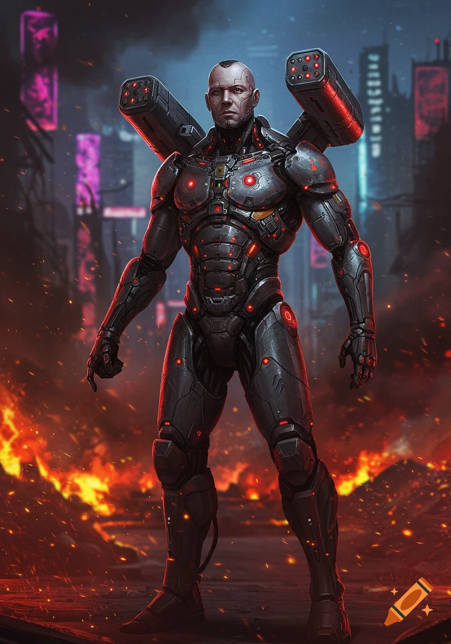 A bald cyborg in a dark armored suit with glowing red lights and missile launchers on his shoulders stands in a fiery, cyberpunk city.