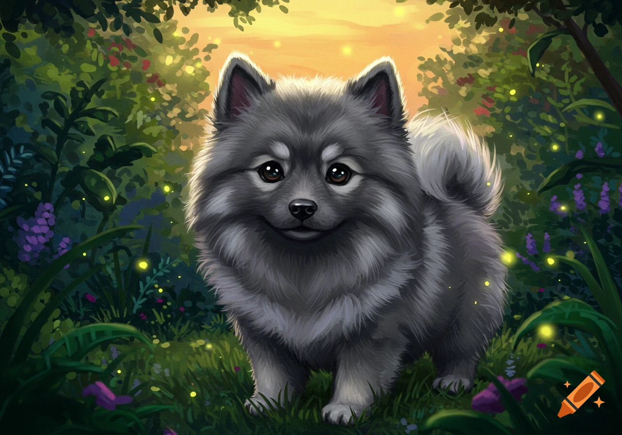 A cute, fluffy gray Keeshond dog with a smiling face in a lush, glowing fantasy forest at sunset, digital illustration.