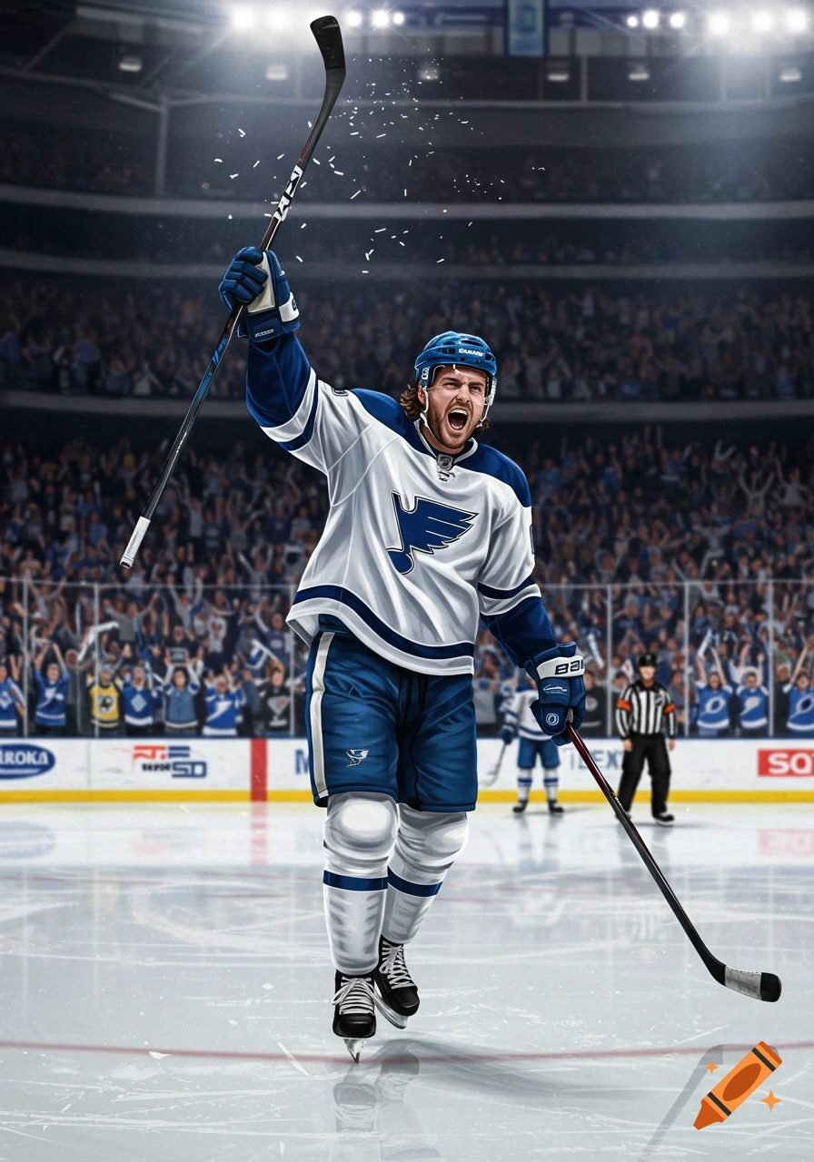 A happy hockey player in a white and blue jersey celebrates on the ice, raising his stick in a packed arena.