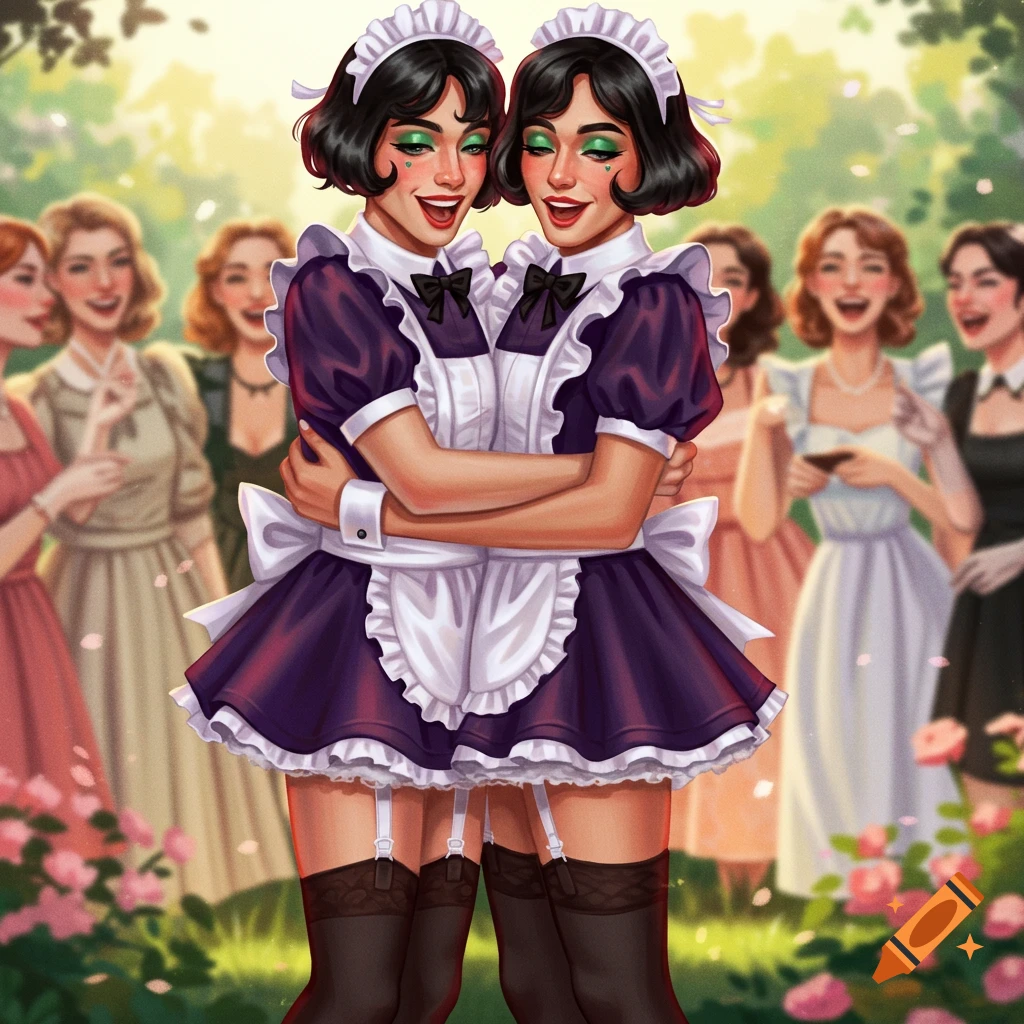 Two smiling women in purple maid dresses and black stockings embrace in a flowery garden, with laughing women in the background. Illustration.