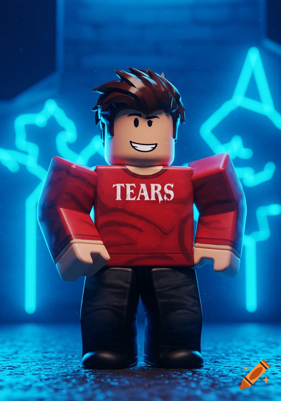 Roblox character in a red 'TEARS' shirt and black jeans stands against a glowing blue neon background.